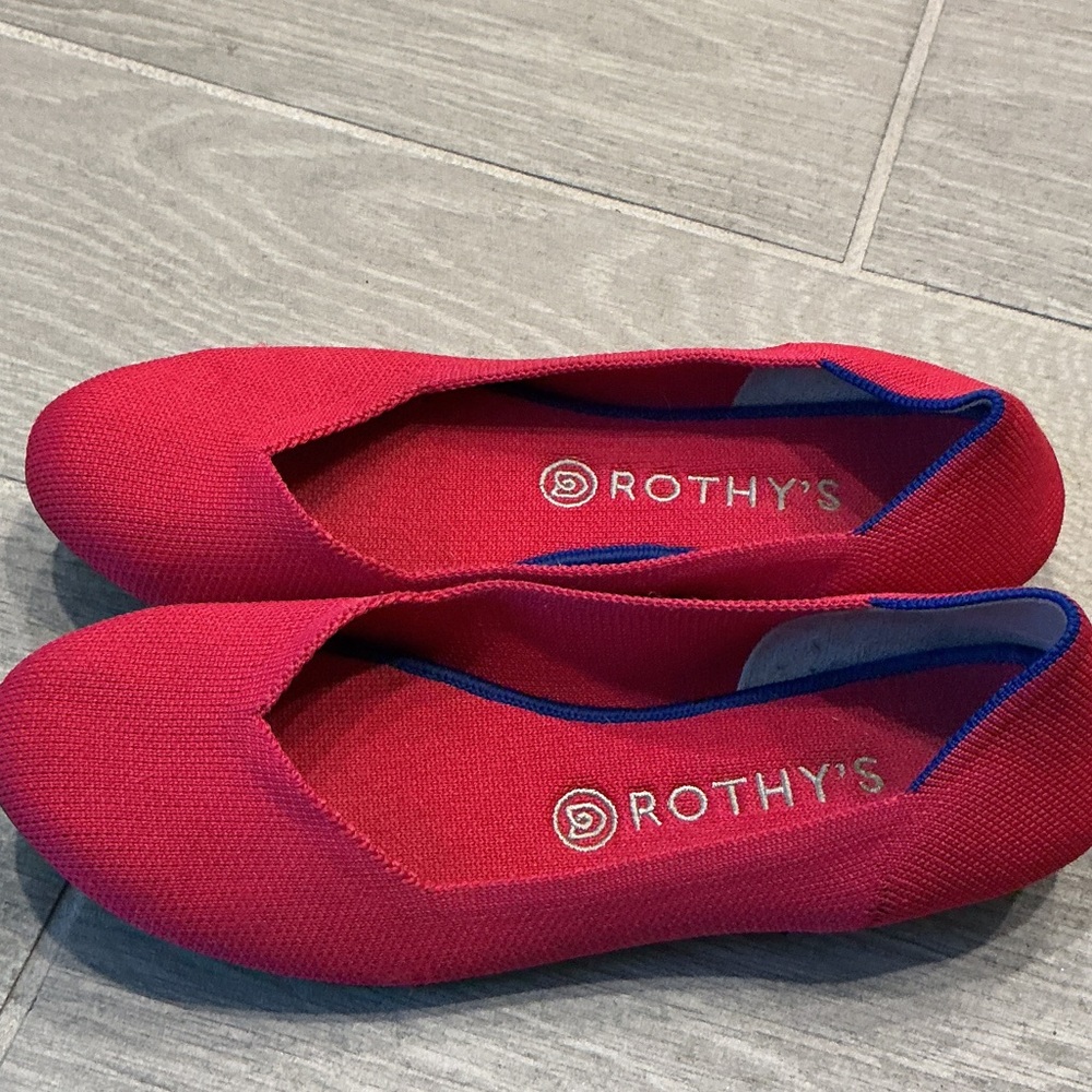 Rothy's Hot Pink Knit Ballet Flats with Blue Trim Sz 9 EUC - Picture 2 of 5